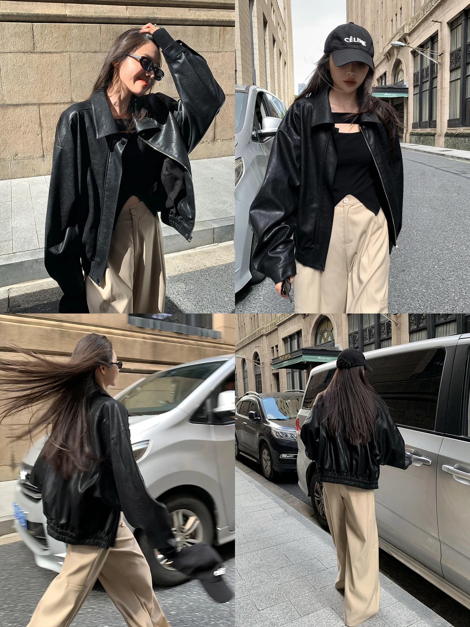 جاكيت نسائي أسود من الجلد الصناعي من Ciminfan، قصير وفضفاض بتصميم دراجات نارية، بأكمام طويلة، ملابس خارجية عصرية بأسلوب الشارع