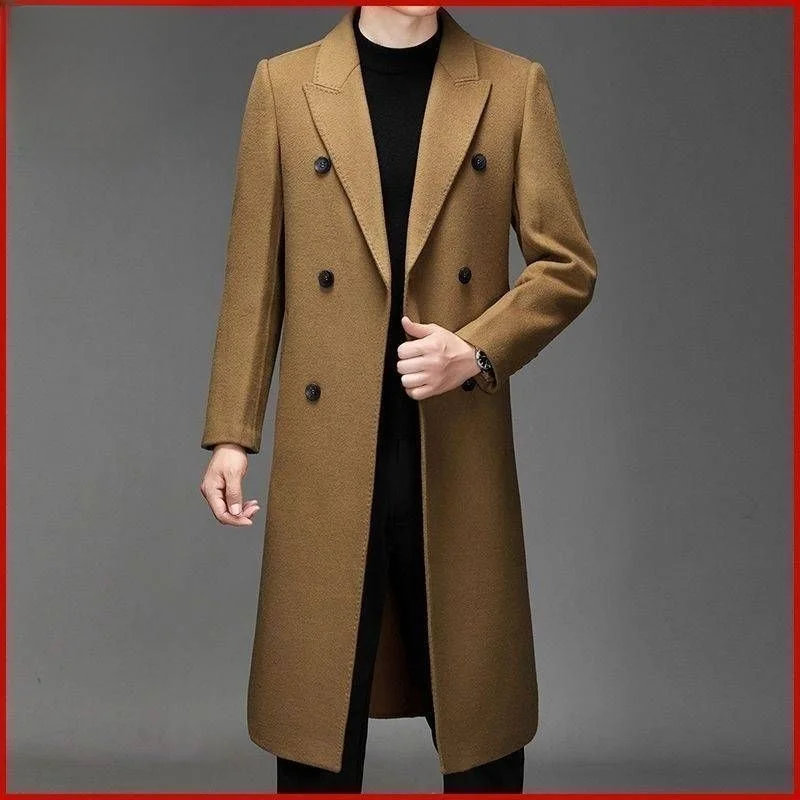 

2025 New Men's Long Woolen Coat Double-Sided Thiened Cotton Autumn Winter Coat Youth Trend Stand Fit Single Button Closure