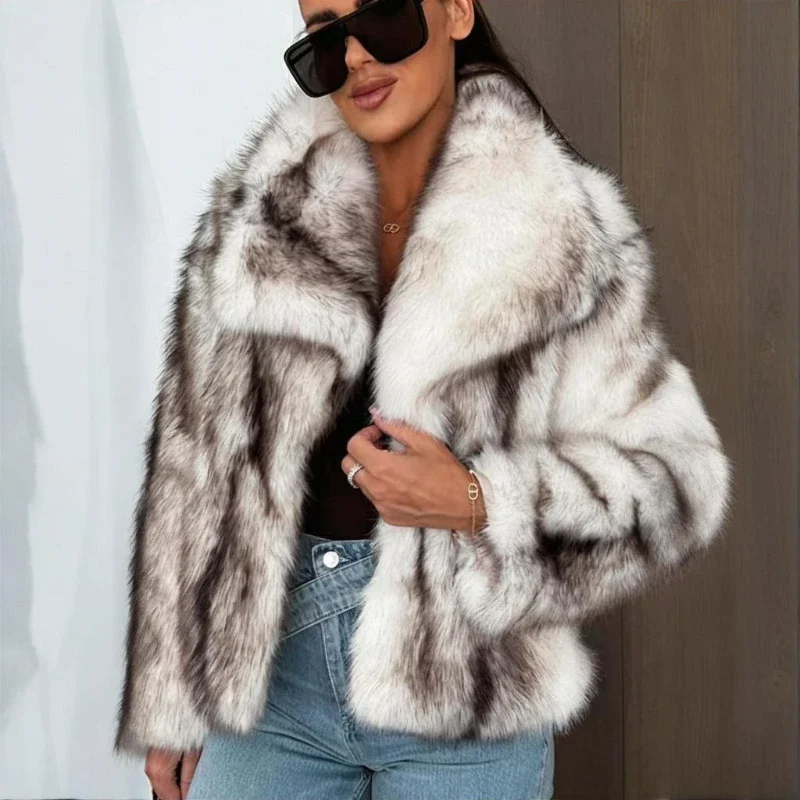 Abrigo de piel degradado a la moda para mujer, abrigo de piel sintética Maomao de manga larga con solapa, chaquetas cálidas para invierno para mujer