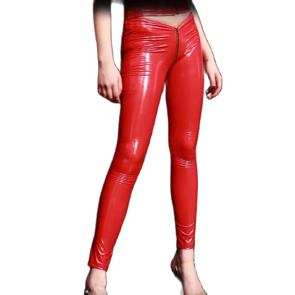 Wetlook Shiny Sexy Zipper Crotch PVC Pants Faux Latex Leggings PU Leather Trousers Women Fitness Legging Clubwear Capris Spodnie