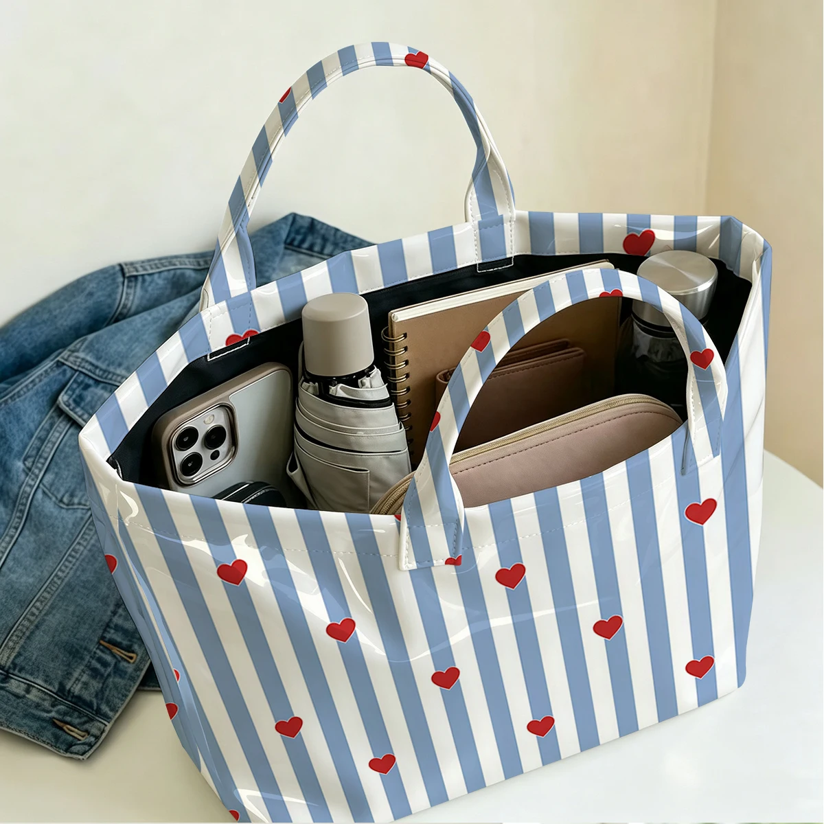 Sweet Hearts Large PVC Waterproof Capacity Canvas Shoulder Bag Dual Side Print Tote Bag Daily Shopping Bag Fashion Handbag