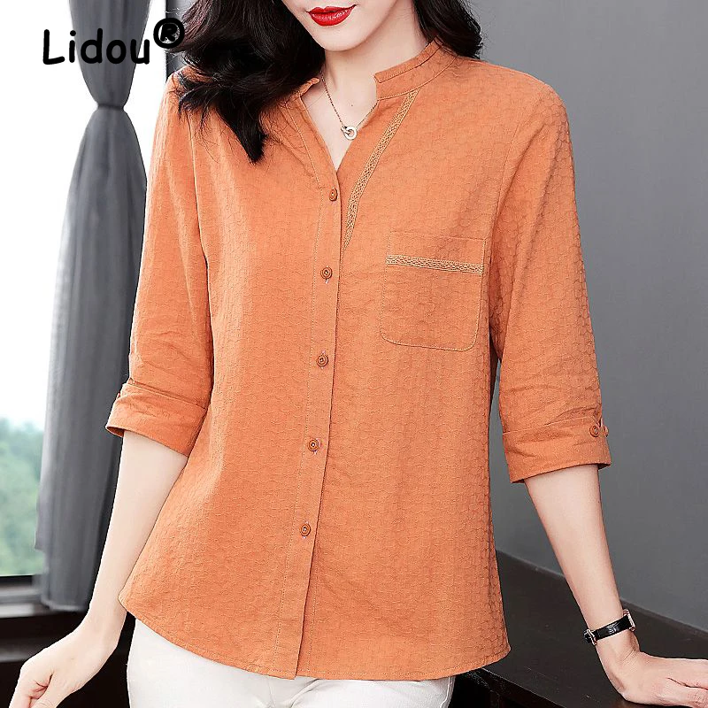 Womens Clothing Hollow Lace Patchwork Elegant Office Lady Shirt Korean Fashion V Neck Half Sleeve Blouse Solid Loose Cotton Tops