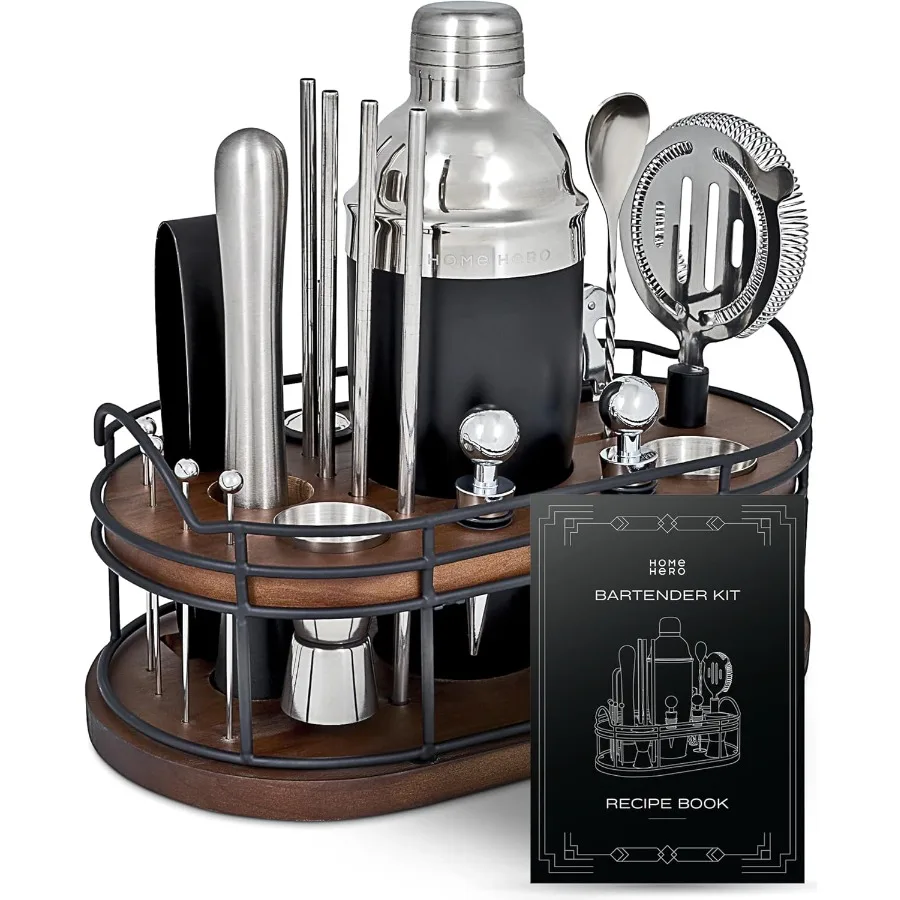 Home Hero Elegant 22-Piece Bartender Kit with Wooden Stand Premium Bar Set and Cocktail Shaker Gift for Home Bar and Cocktail E