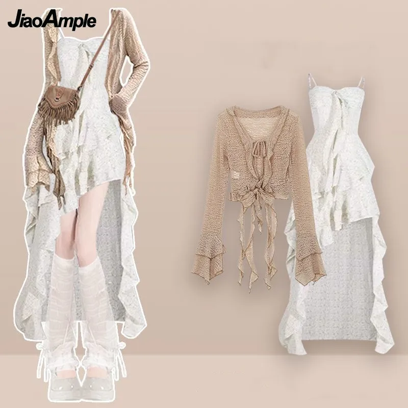

Women's 2025 Summer New Vintage Sunscreen Shirt+Strap Skirt Two Piece Suit Korean Elegant Long-sleeve Top+Dress Matching Set