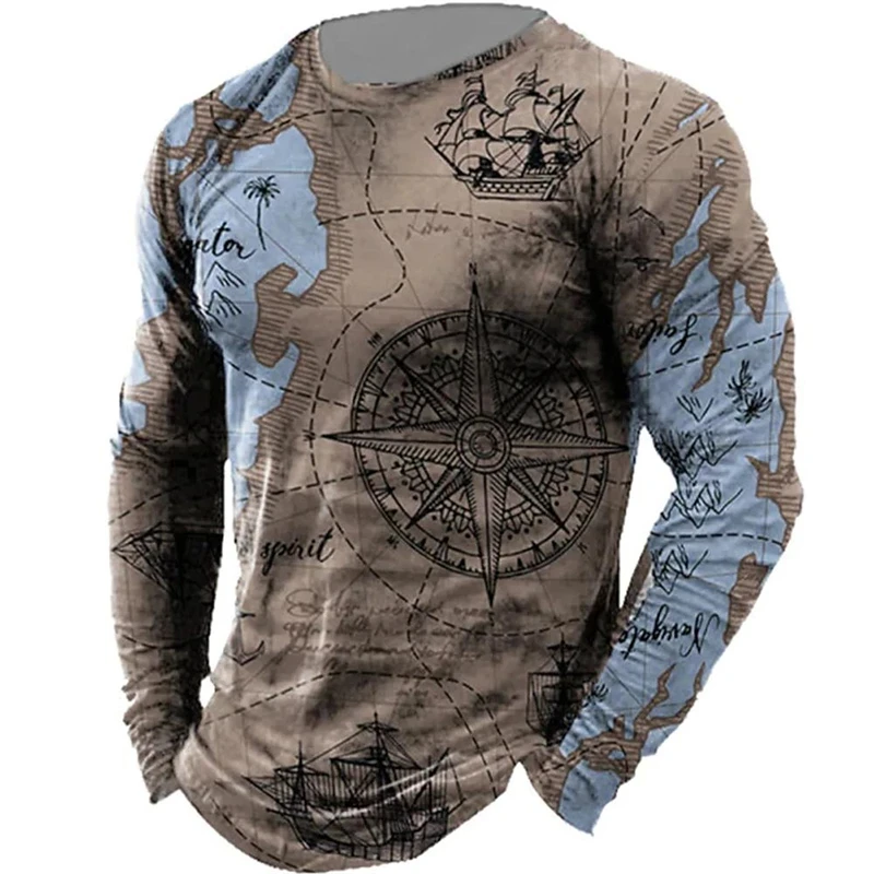 T-shirt vintage imprimé en 3D pour homme, boussole, manches longues, col rond, décontracté