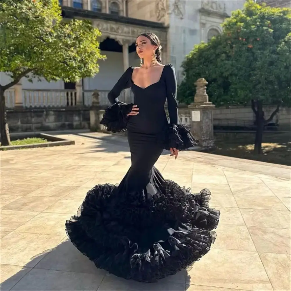 Vestidos de ceremonia de fiesta de bailarina con volantes y mangas 2025, traje elegante, vestidos de noche para mujeres españolas con vestidos de fiesta de sirena Flamenco
