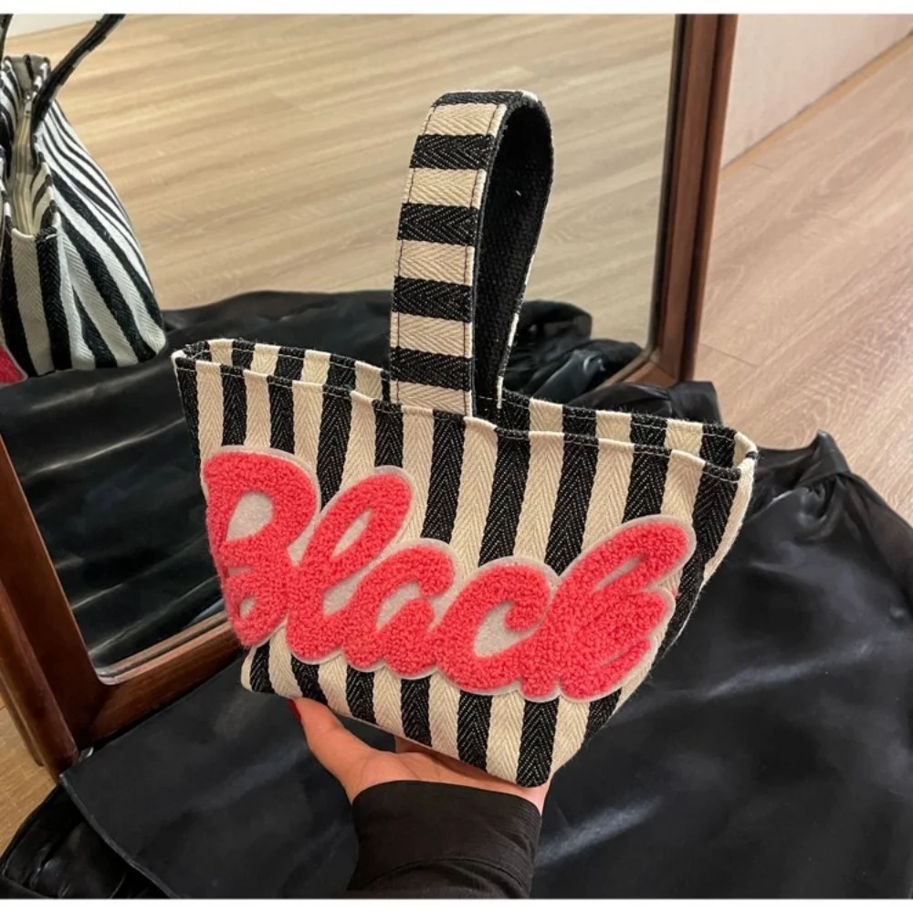 Summer Small Canvas Handbag Commuter Phone Bag Striped Buet Bag Faionable Versatile Handheld Bag for Young Women Girls