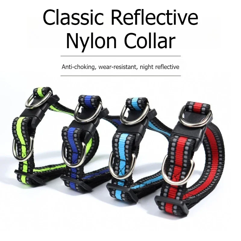 Pet Dog Collar Double D Ring Reflective Nylon Adjustable For Small Medium Dogs Universal