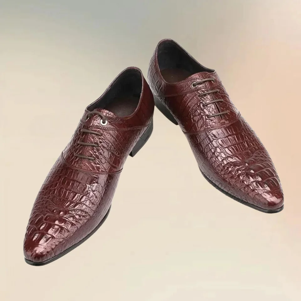 Burgandy Crocodile Print Pointed Toe Men Derby Shoes Fashion Lace Up Men Shoes Luxurious Handmade Party Banquet Men Dress Shoes