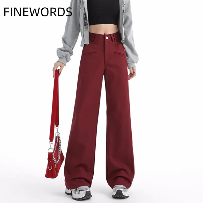 FINEWORDS High Waist Vintage Angola Red Jeans Women Korean Casual Streetwear Wide Leg Baggy Jeans Punk Washed Denim Pants