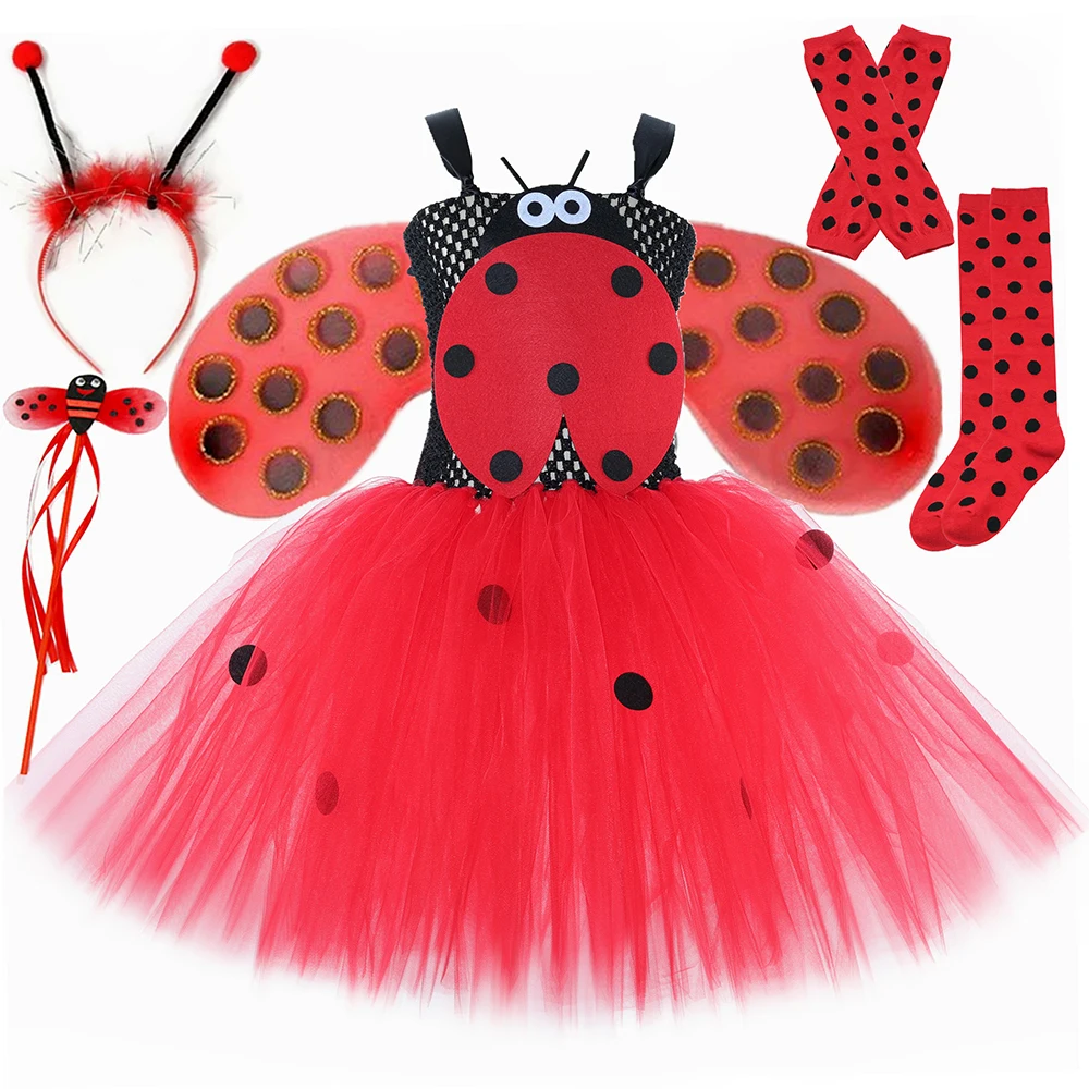 Beetle Costume for Girls Red Black Polka Dot Insect Tutu Dress Toddler Kids Halloween Birthday Party Princess Dress Up with Wing