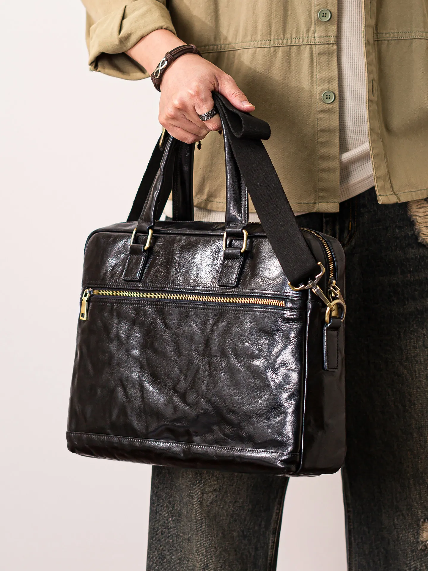 business casual high quality genuine leather men's black briefcase fashion luxury handmade real cow leather work laptop handbag