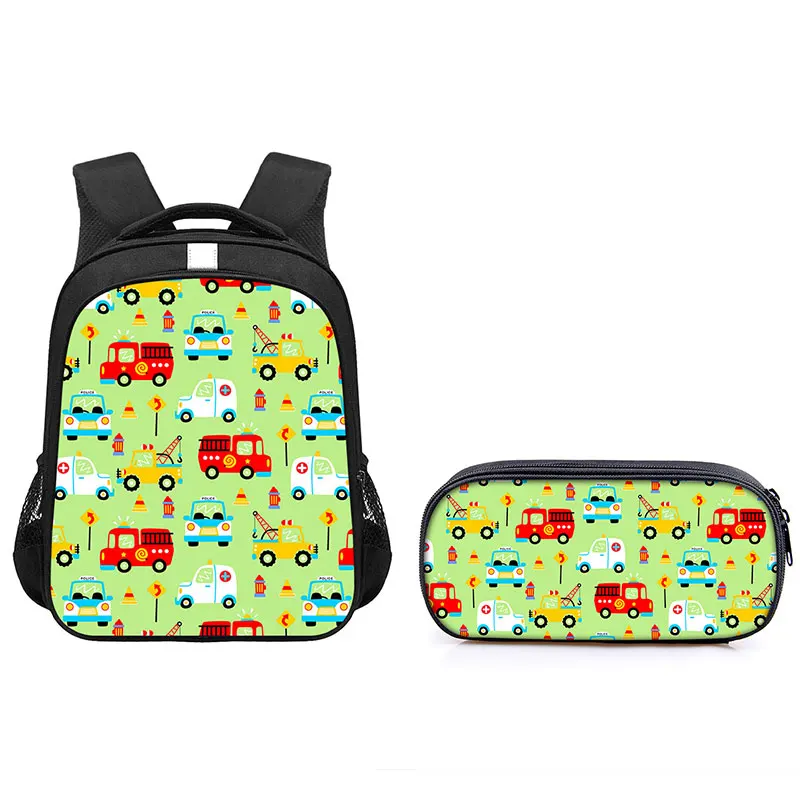 Cute Excavator Bulldozer Fire Truck Backpack Kids 2pcs Set School Bags Daypack Baby Kindergarten Pencil Case Book Bag Gift