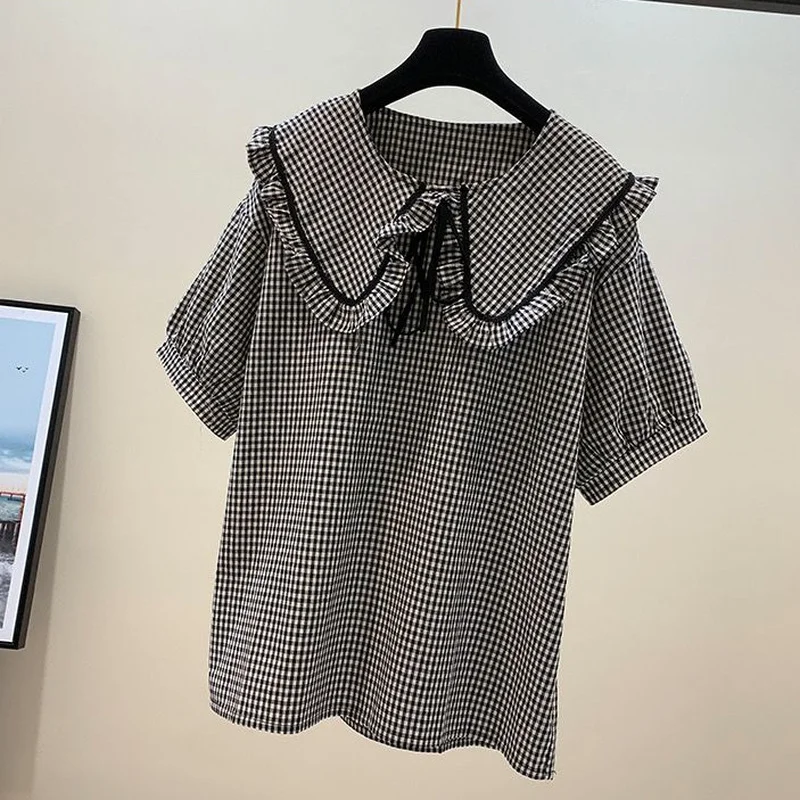 Summer Blouses Women Vintage Comfortable Plaid Chic Ladies Ulzzang Student All-match 2 Styles Casual Cozy Hipster Lace-up Design