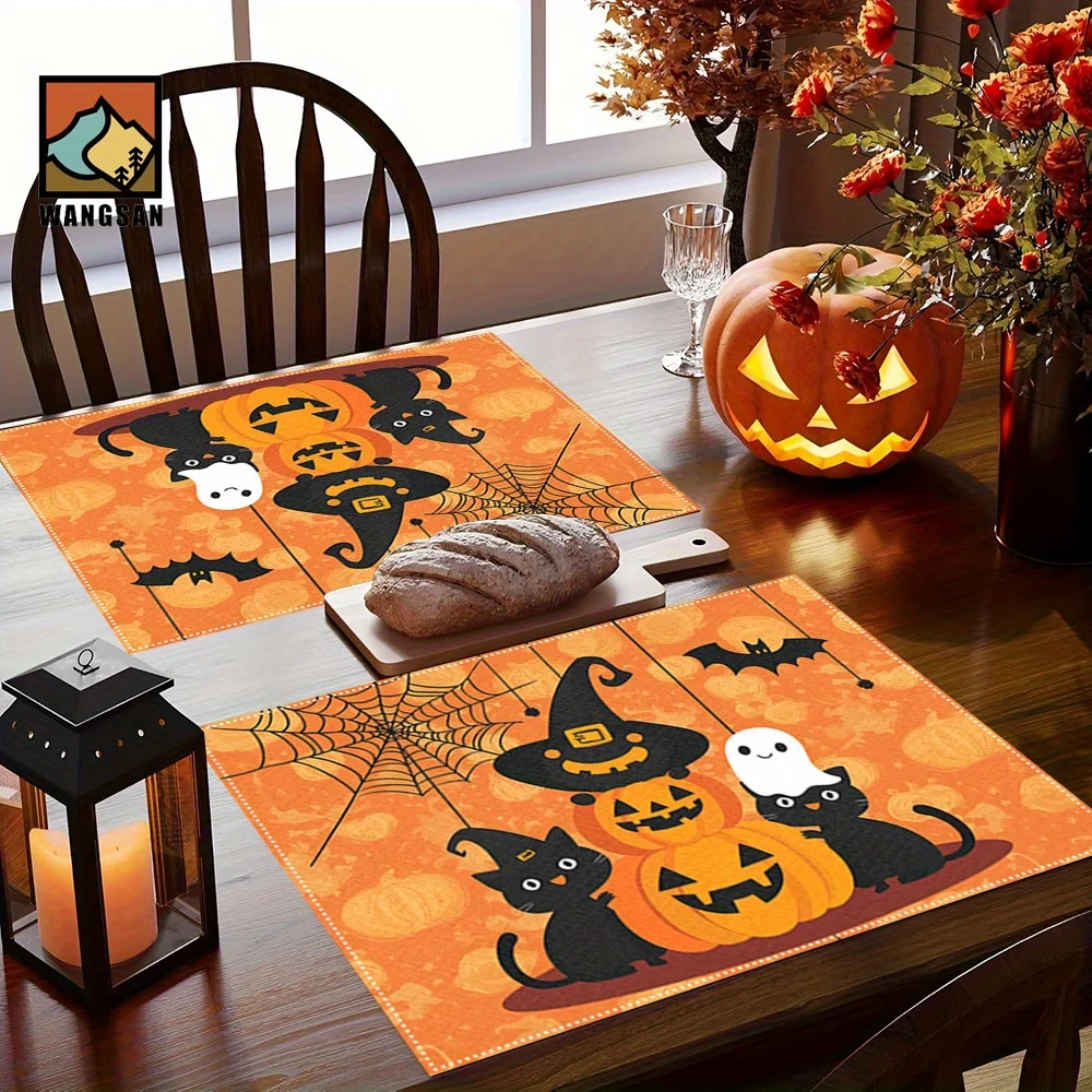Halloween Themed Ghost Cat Spider Web Pumpkin Bat Design Dining Table Mat Rectangular , Table Protector, Heat I
