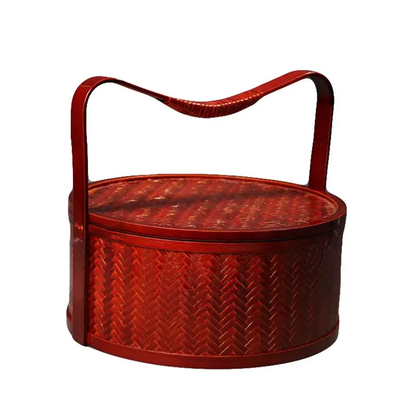 

Handmade bamboo woven basket, hand-held basket, circular wedding food box, double-layer, three-layer