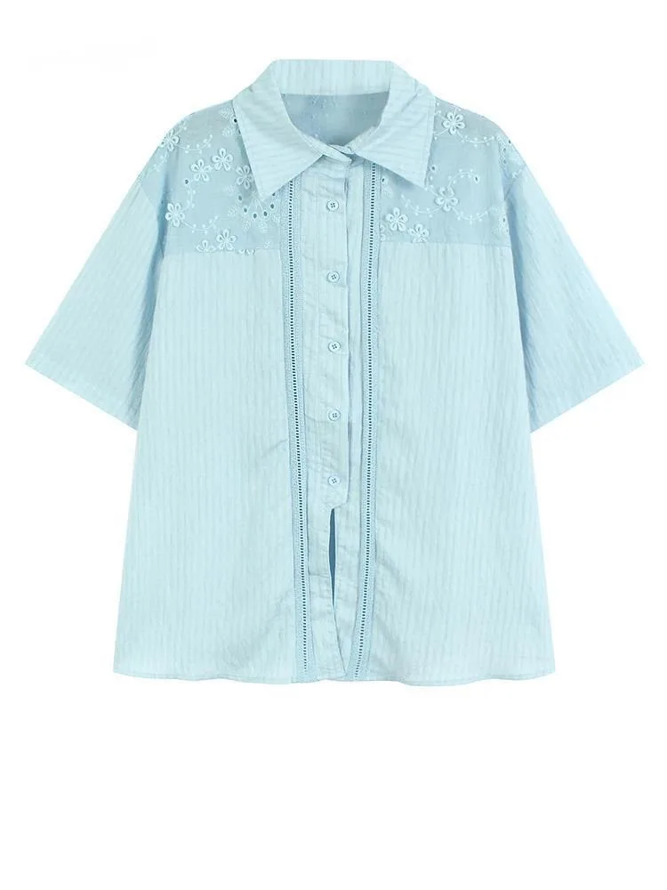 

Женская синяя кружевная повседневная блузка большого размера, новая рубашка с короткими рукавами и лацканами, модная весна-лето