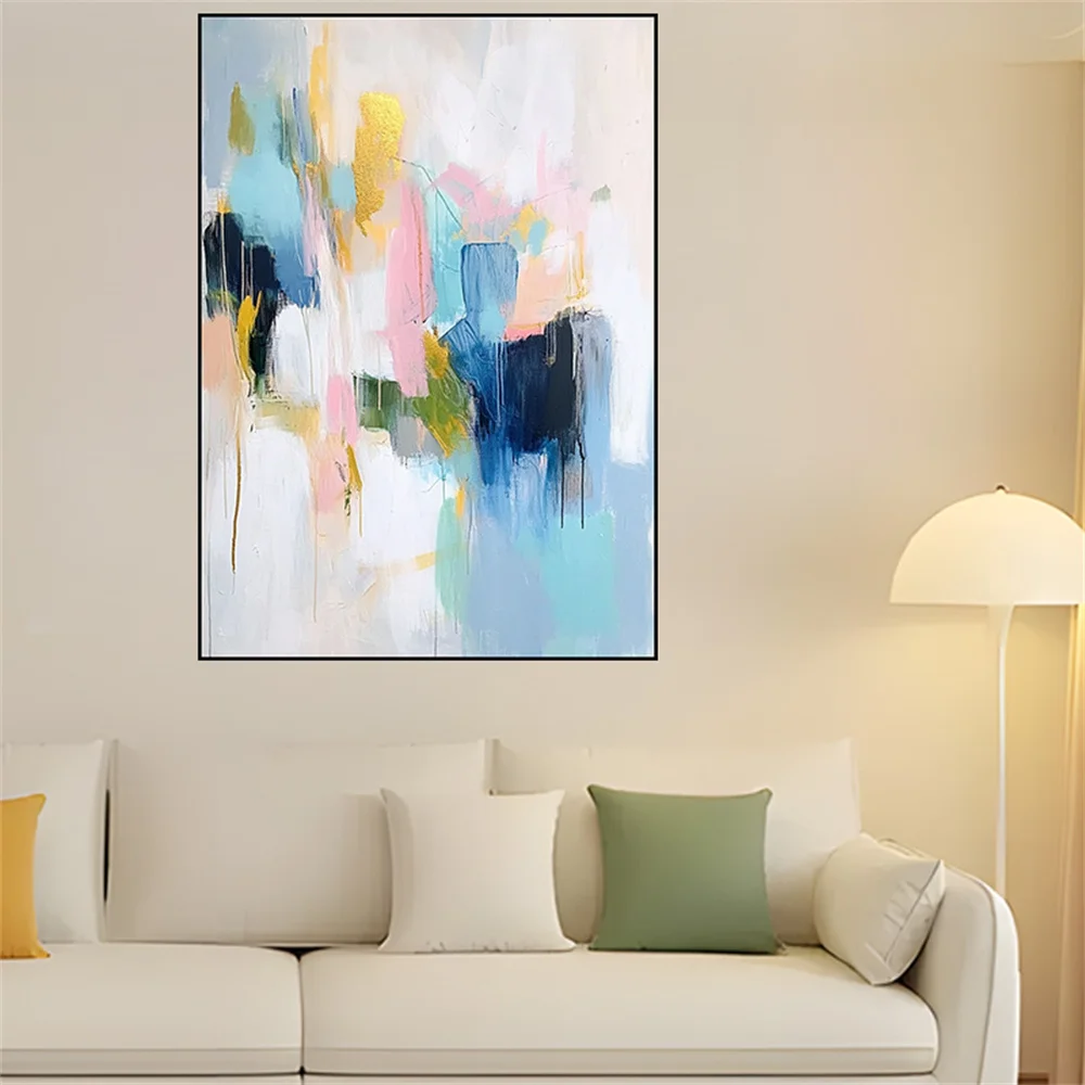 

Blue Sea View Abstract Drawing Modern Gold Leaf Mural Decor Living Room Pure Handmade Oil Painting Interior Wall Art Picture