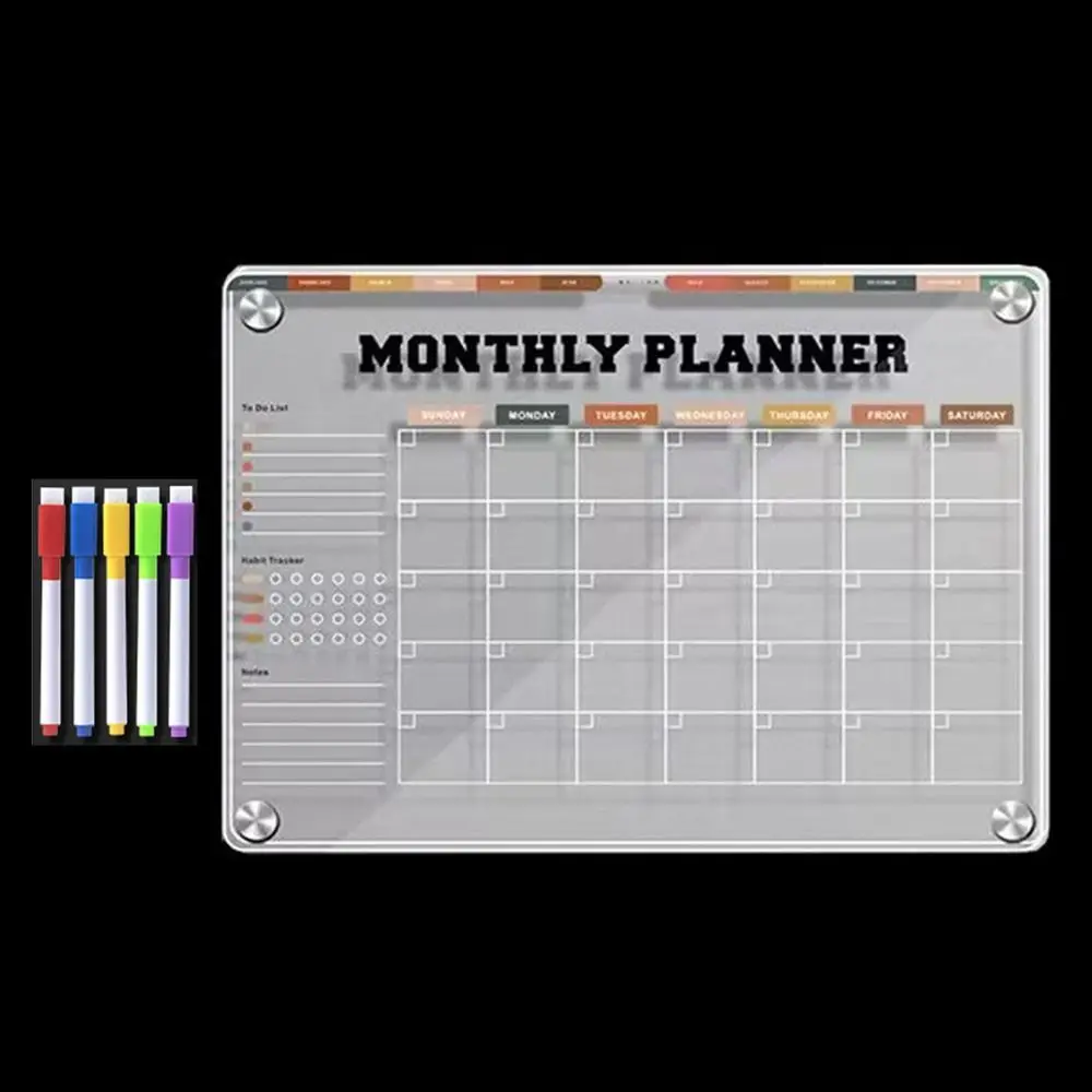 

3D Magnetic Acrylic Weekly Planner Transparent Refrigerator Magnet Monthly Calendar Memo with 5 Markers Hanging