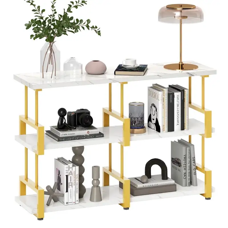 

3-Tier Modern Bookcase, White & Gold Bookshelf, Open Storage Bookcase for Entryway, Living Room, Home, Office