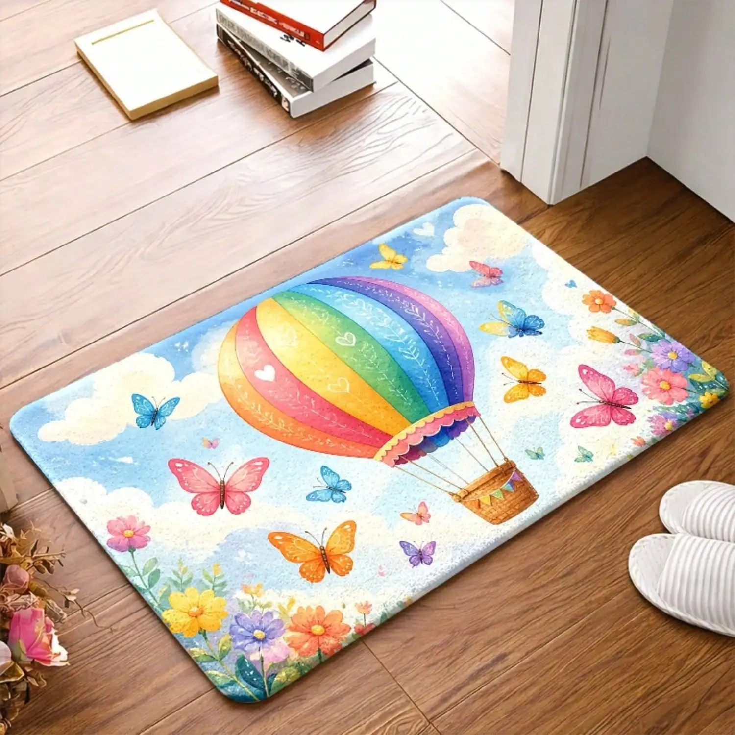 1pc, Rainbow Hot Air Balloon Butterfly Flower Pattern Doormats, Bath, Durable,, Machine Washable, Indoor Universal Doormats, Suitable For Living Room, Bedroom