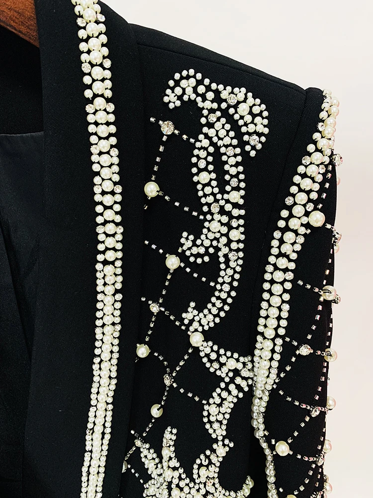 Vestido Blazer negro con cuentas de perlas y diamantes para mujer, cuello chal de diseñador de moda, impresionante, alta calidad, 2024