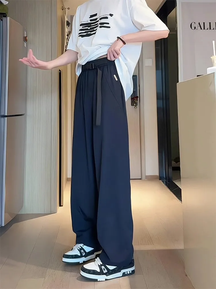 

Мужские летние повседневные брюки из ледяного шелка с длинными прямыми штанинами, быстросохнущие, тонкие, с поясом, модные