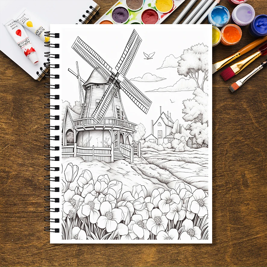 Libro da colorare per adulti Windmill - 8,3 x 11,2 pollici Libro da colorare da 32 pagine - Aiuta a ridurre lo stress e allevia le emozioni