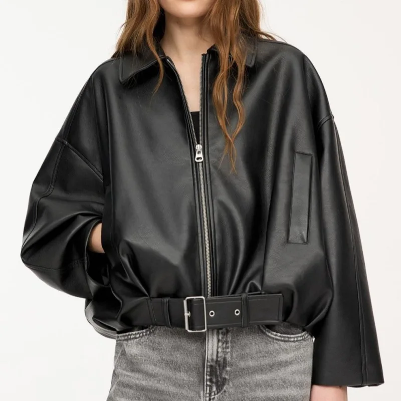 Vintage PU Leather Solid Jackets  Autumn Winter New Ladies Zipper Lapel Long Sleeve Pocket Coat Belt Women's Loose Streetwear