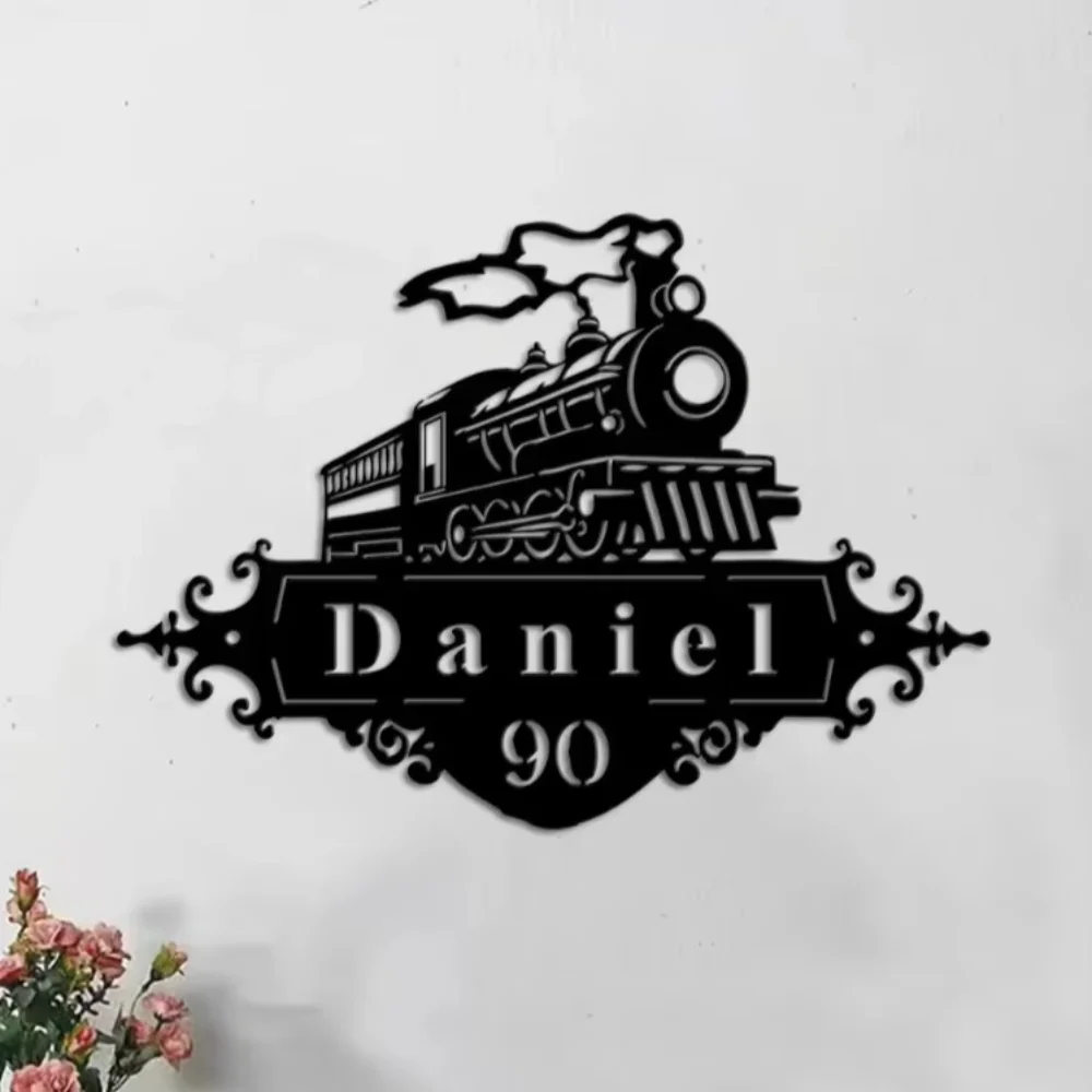 Steam Engine Train Locomotive Metal Welcome Sign Custom Personalize with Steel House Numbers, Lawn Stakes, Rustic Gift