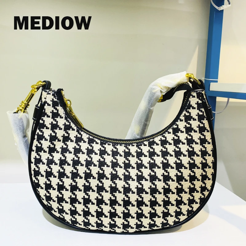 

MEDIOW Houndstooth Crescent Bag For Women Luxury Designer Handbag And Purses 2023 New In PU Cotton Fabric Shoulder Underarm Bags