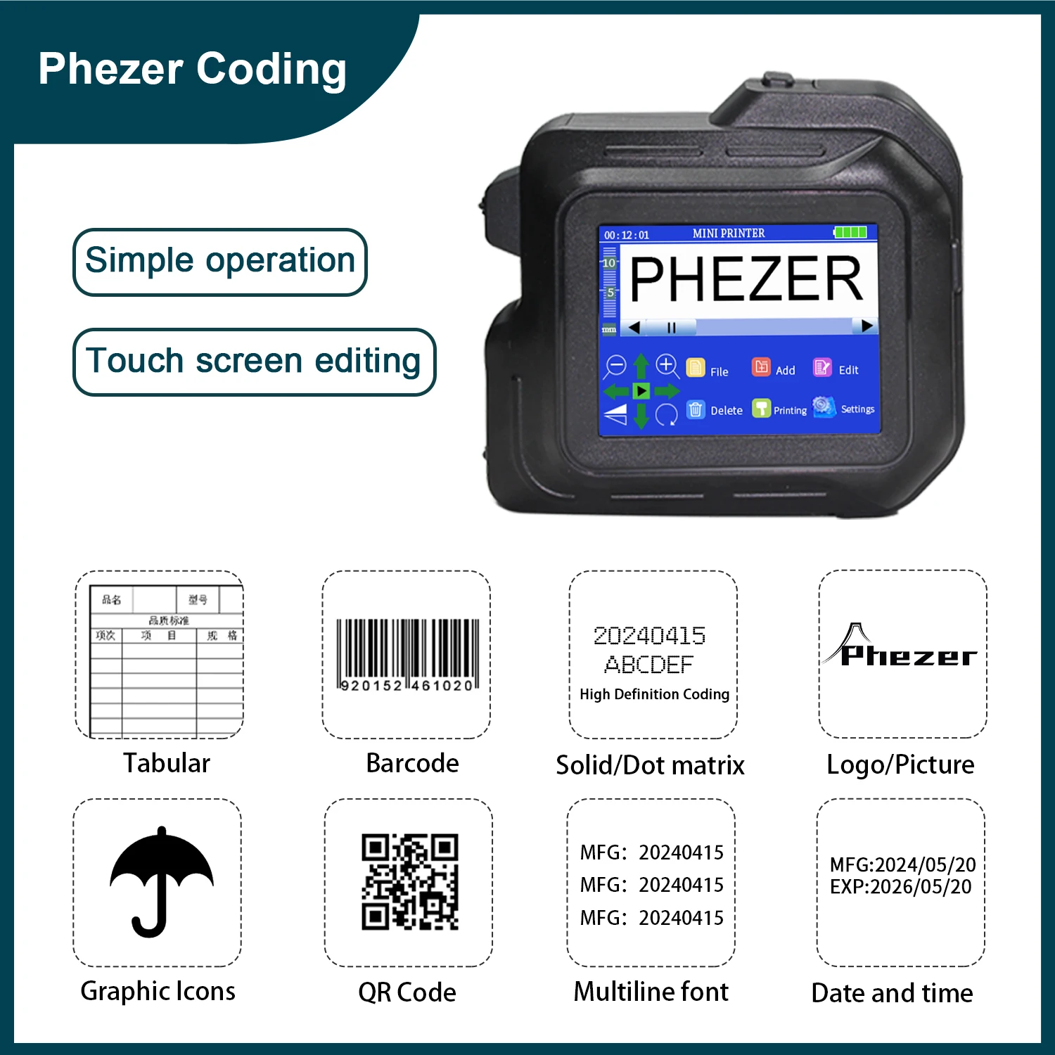 

Phezer PC98 Mini Printer 28 Languages 12.7mm Portable Printer Handheld Inkjet Printer QR Bar Code Date Logo Expiry Date