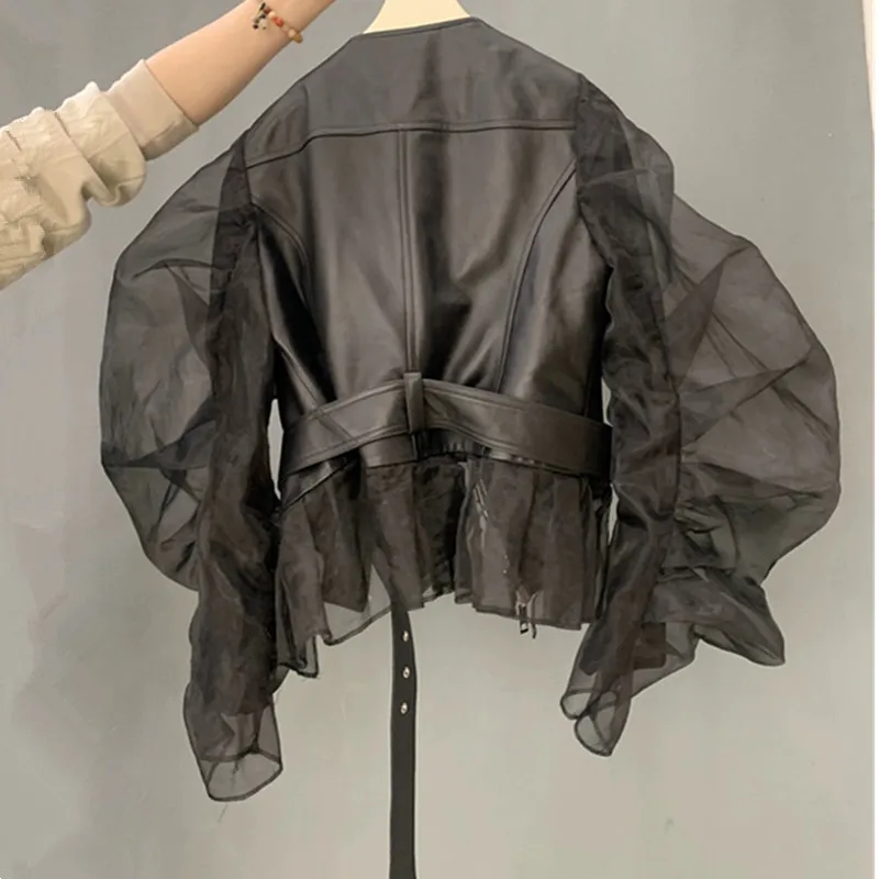 Short Coat Women Organza Bubble Sleeved Ruffled Fashion Leather Jacket Streetwear Retro Y2k Black Faux Autumn Leather Coat 2663