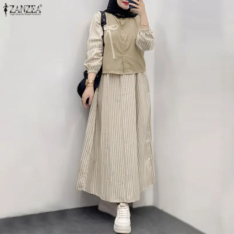 ZANZEA 女性パッチワークイスラム教徒アバヤドレス春マキシロングドレスカジュアル長袖ストライプサンドレスラマダンローブカフタンイスラム教徒