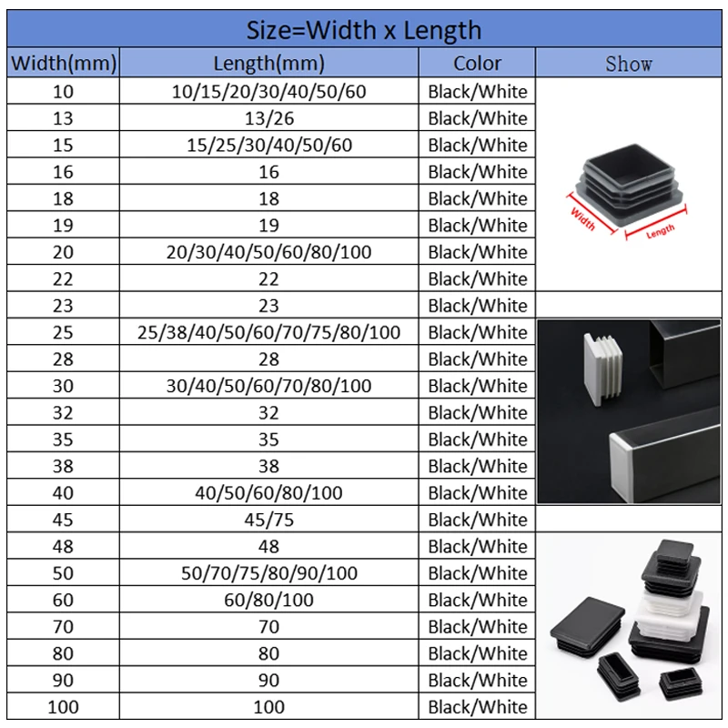 10x10mm~100x100mm Black Plastic Square End Caps Blanking Plugs Rectangle Tube Pipe Inserts Plug Table Chair Furniture Foot Cover
