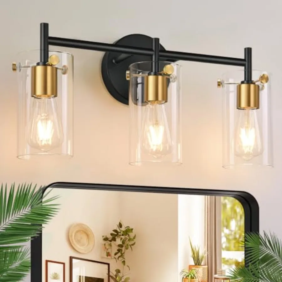 

Bathroom Light Fixtures 3-Light Black and Gold Vanity Light Black Bathroom Lights Over Mirror with Clear Glass Shade for Mirror