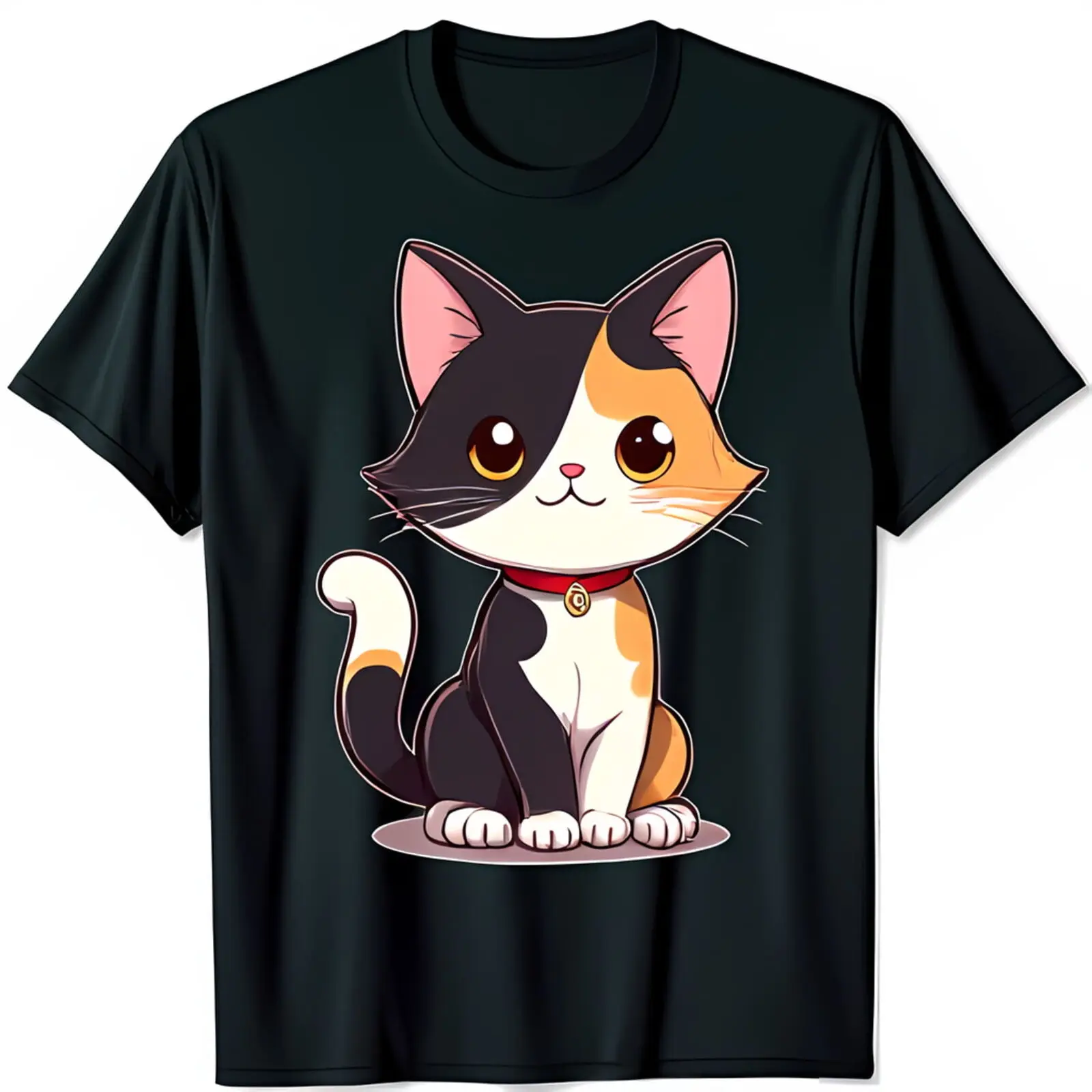 Adorable Black T-Shirt with Cute Cartoon Calico Cat Graphic for Cat Lovers