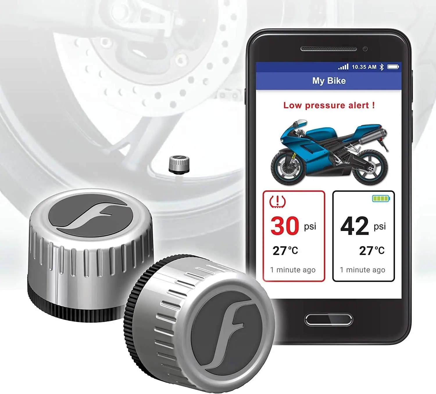 

Wireless Tire Pressure Monitor with Bluetooth 5.0, Real-Time Sensor for Motorcycles, Easy DIY Install, iOS & Android Compatible
