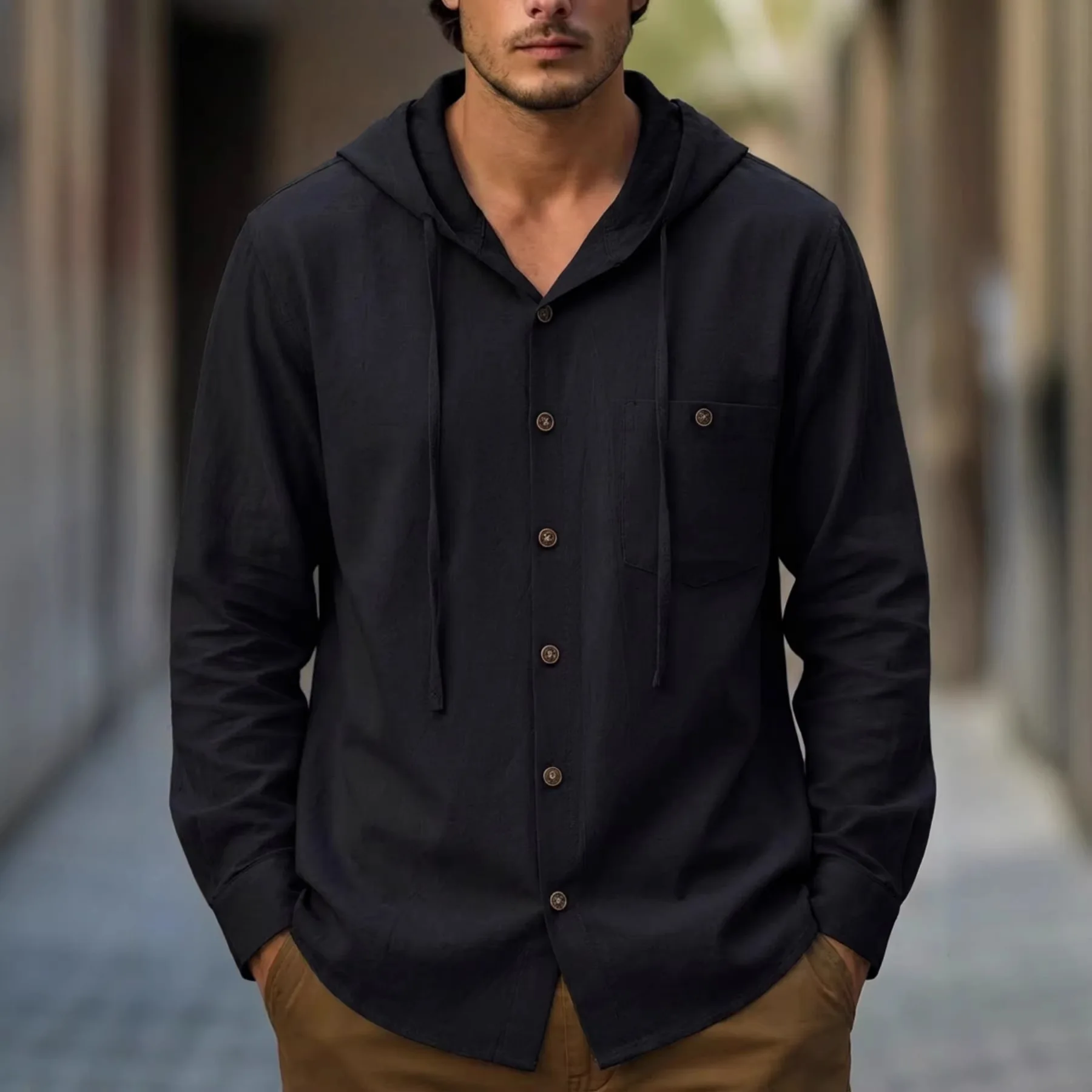 Solid color Men's Cotton and Linen Shirt 2026 New Fashion Men's pocket Casual Beach Long sleeved Hooded Shirt Men's casual shirt