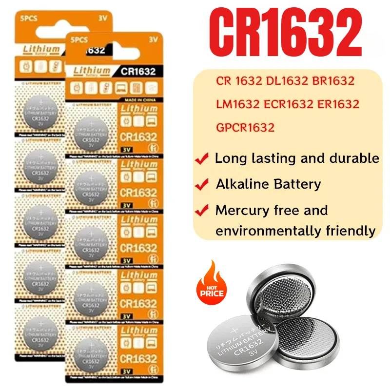 5-100PCS CR1632 3V Lithium Battery 125mAh CR 1632 DL1632 BR1632 LM1632 ECR1632 Coin Cells Batteries for Watch Remote Control Key