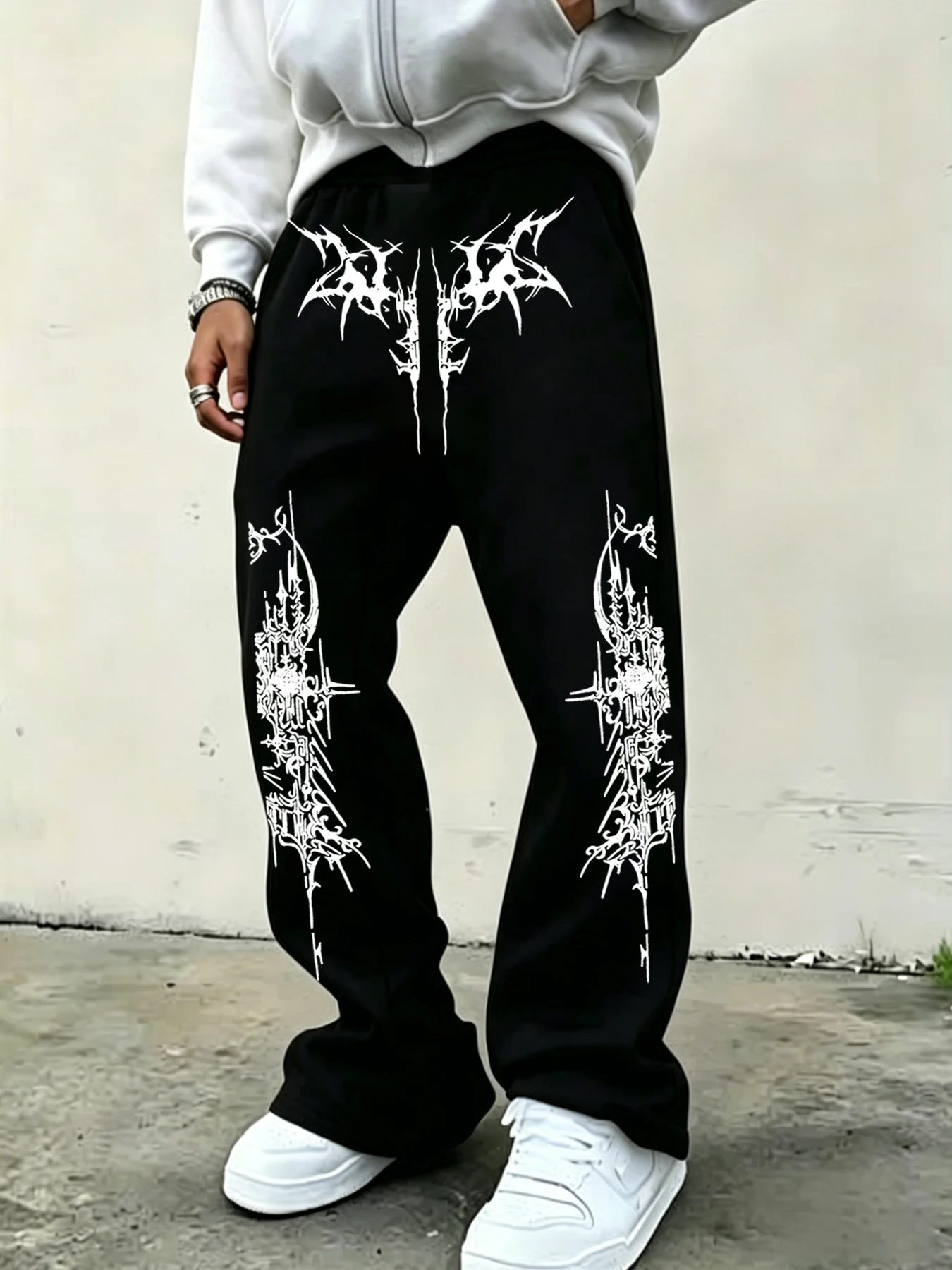 

Men's American-Style High-Street Print Black Slightly Flared Sweatpants: Loose-Fitting, Drapey, Wide-Leg Casual Athletic Pants