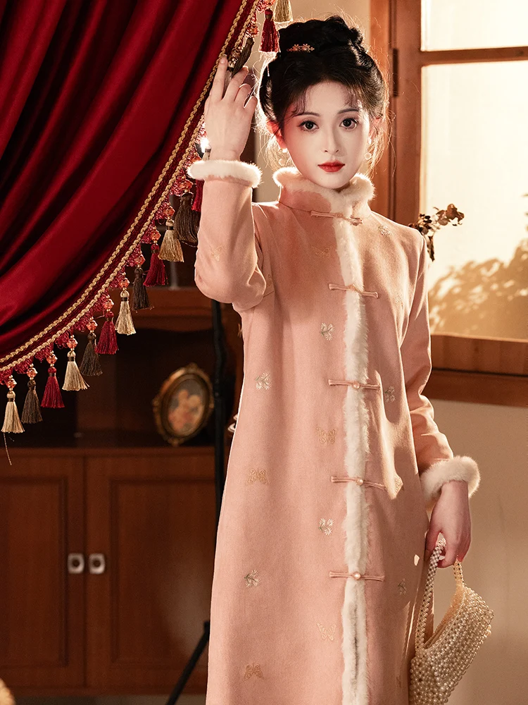 

Новая розовая замшевая куртка с флисовой подкладкой в китайском национальном стиле, верхняя одежда в стиле Тан, маленький размер, Ханьфу