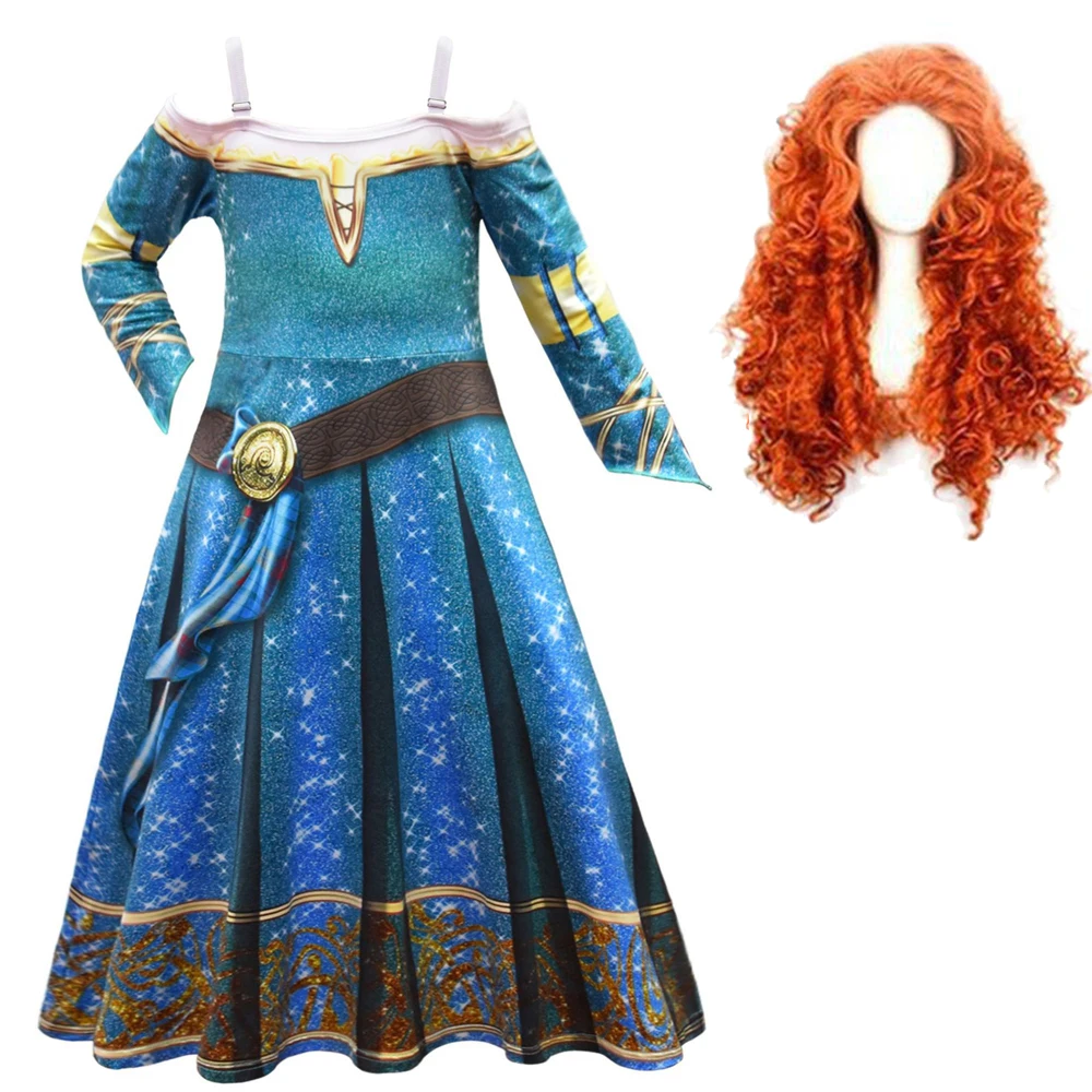 Hot Movie Brave Merida Costume for Girls Halloween Princess Dress Wig Kids Carnival Fantasia Children Xmas Party Cosplay Costume