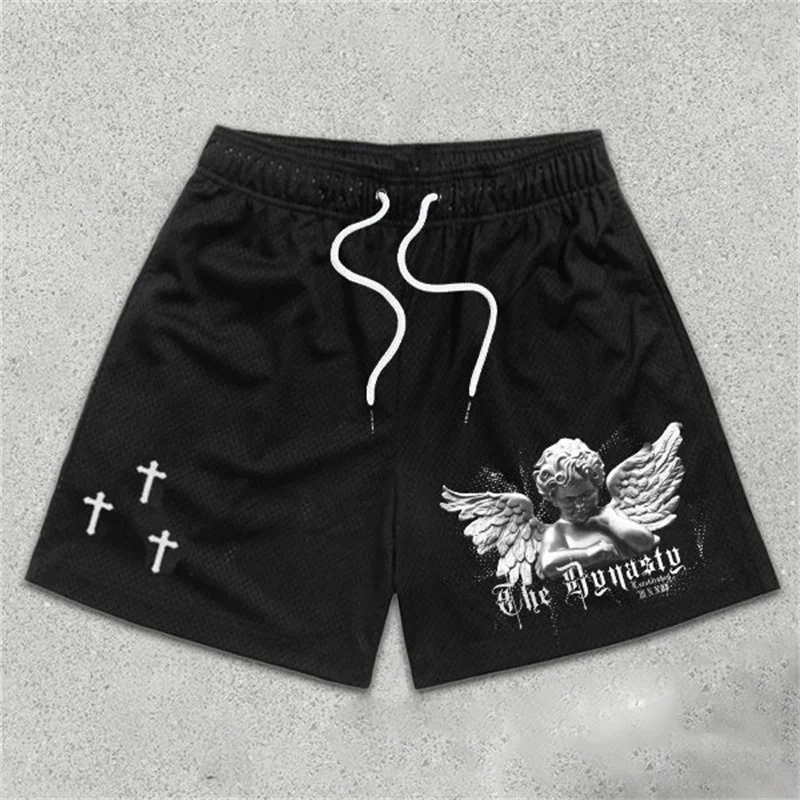 Christian Athletic Workout Shorts for Men Angel Cross Print Quick Dry Gym Shorts with Pockets Training Fitness Running Jogging