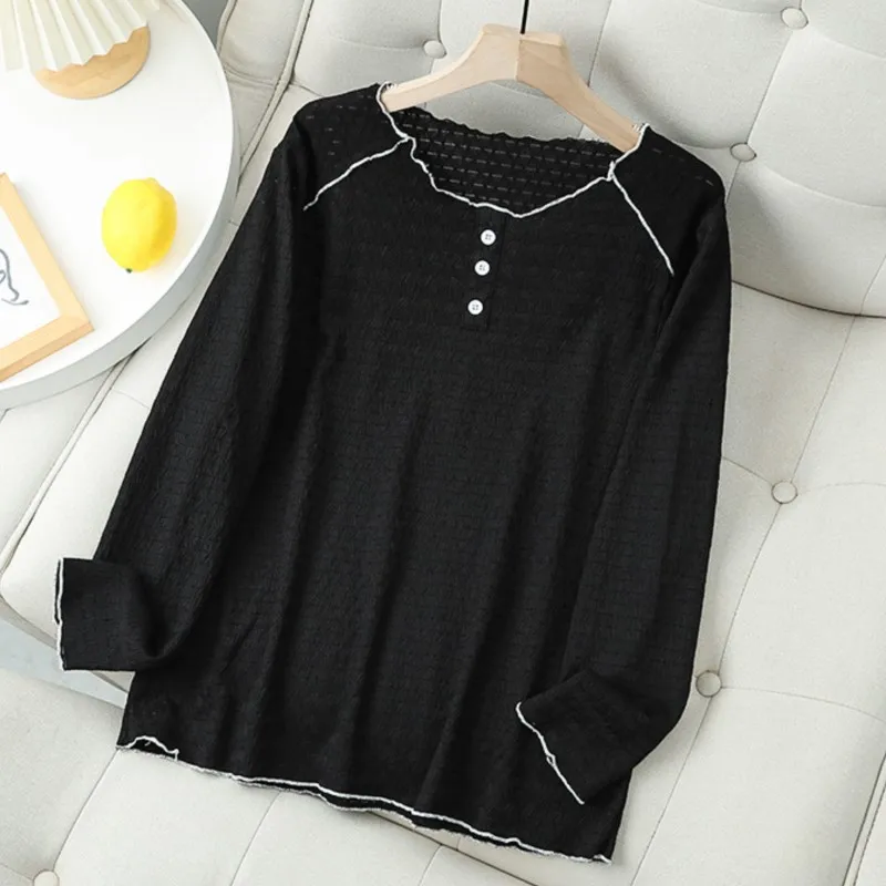 2023 Autumn Women Clothes Plus Size T-Shirt Casual Long Sleeve Basic Tee Translucent Hollow Out Jacquard Curve Tops K71 840