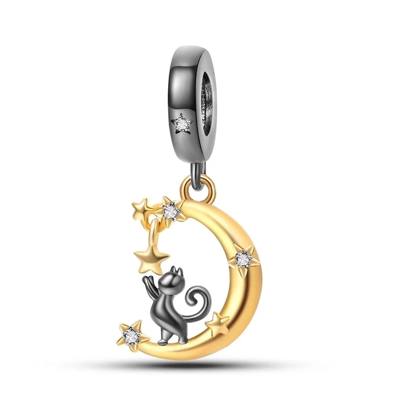 

925 Sterling Silver Moonlit Cat Moon Stars Charms Bead Shining Zircon Pendant Fit Original Bracelet DIY Women Jewelry