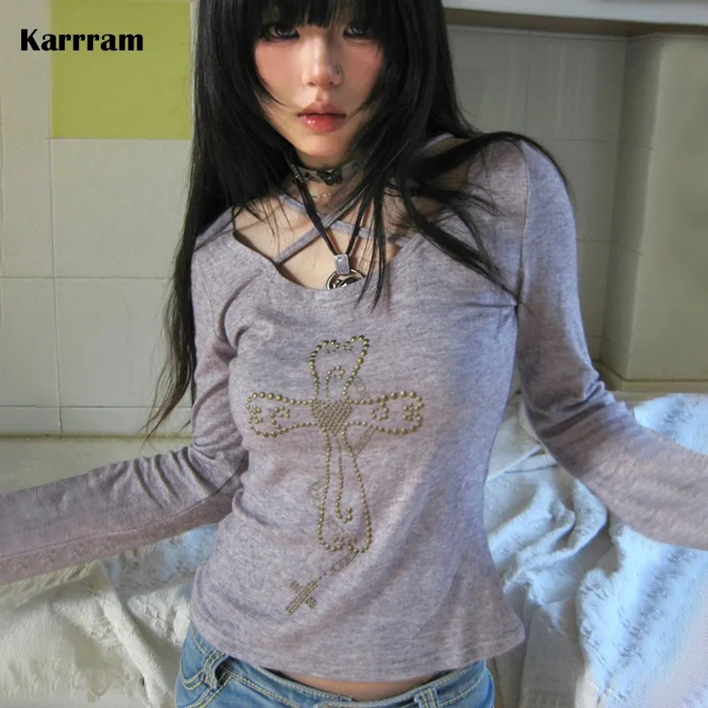 Karrram Japanese Y2k Knitted Tops Grunge Aesthetics Flare Sleeve T-shirts Vintage Harajuku Purple Knitwear American Retro 2000s