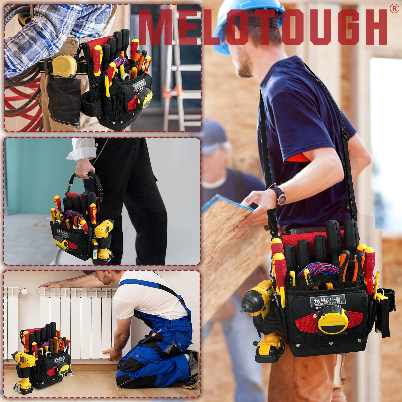 ベルトクリップ付きツールポーチバッグ、オープンタイプツールポーチ、ハードボトム付きHVACメンテナンスツールバッグ（整備士、大工、暖房技師向け）