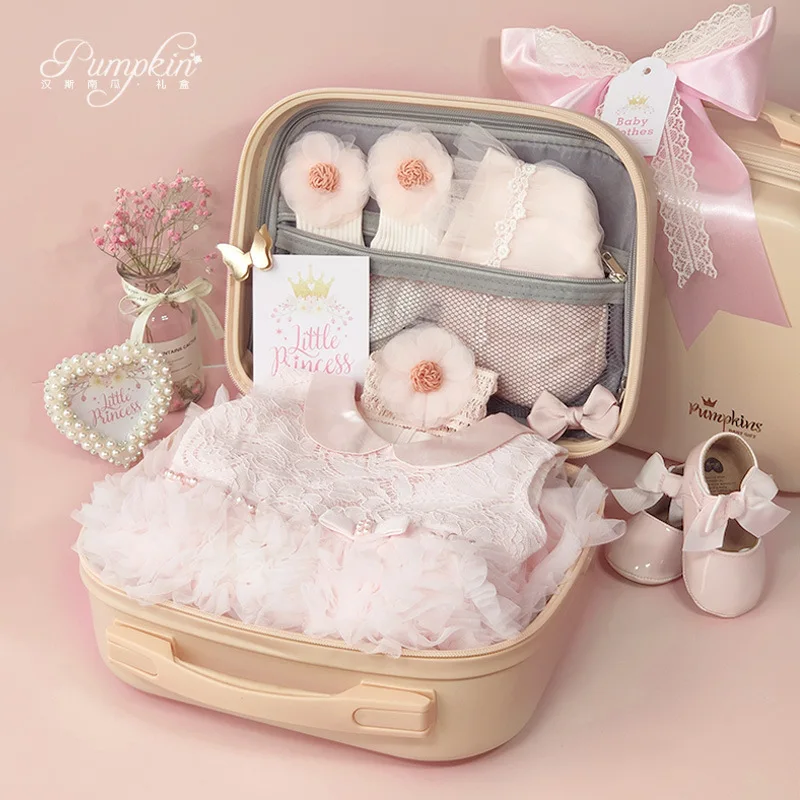Baby Dress Dress High-end Gift Box Newborn Little Princess Hundred Days Birthday Banquet Lace Pink Dress Set Spring and Summer