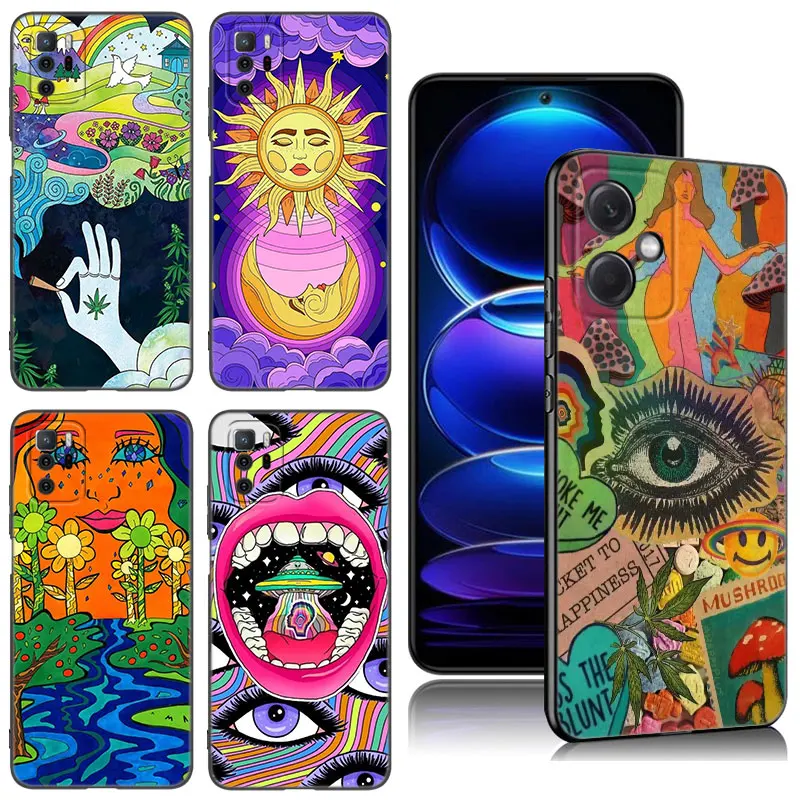 Indie Hippie Art Phone Case For Xiaomi Redmi Note 8 9 10 11 11E 11T 11S 12 Pro 4G Plus 5G 8T 9S 10S 12S Black Silicone Cover